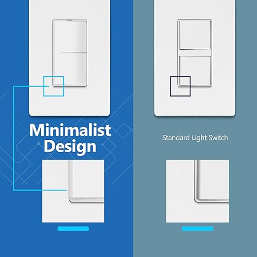 LIDER Matte Finish Lighted Double Switch with Screwless Wall Plate, Combination Frameless Decorator Switch with Locator Light, Ground Terminal Single Pole, 15A 120V, UL Listed, White, 2 Pack