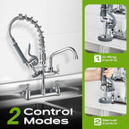 Commercial Sink Faucet with Sprayer 21" Height, 8 Inch Center Wall Mount Kitchen Sink Faucet with Down Pre-Rinse Sprayer and 8" Add-on Swing Spout