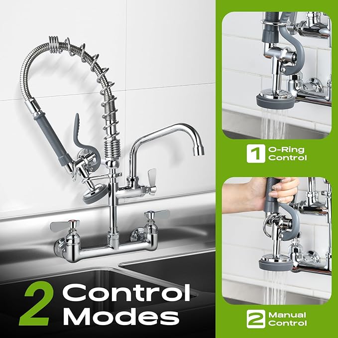 Commercial Sink Faucet with Sprayer 21" Height, 8 Inch Center Wall Mount Kitchen Sink Faucet with Down Pre-Rinse Sprayer and 8" Add-on Swing Spout
