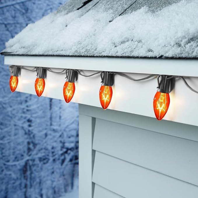 25 Pack C7 Replacement Bulbs, Orange Halloween Light Bulbs, E12 Candelabra Base 5W Incandescent for Outdoor String Lights, Christmas Tree Patio Porch Holiday Party Decor