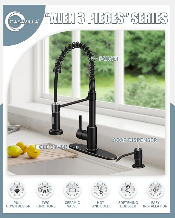 Oil Rubbed Bronze Single Handle Kitchen Faucet Set with Pull Down Sprayer and Soap Dispenser, 17-inch Tall