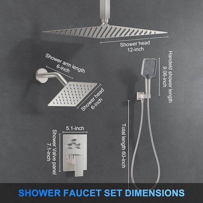 Shower Faucet Set, 12" Ceiling Mount Rainfall Shower System with 2 Rain Shower Head and Multi-function Handheld Head Push Button Diverter Shower Faucet Trim Kit (12", Brushed Nickel)