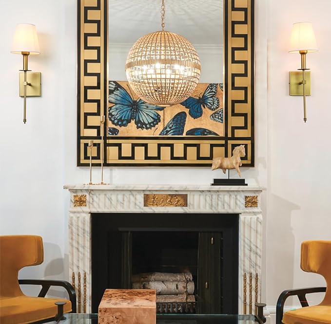 PERMO Single Classic Rustic Industrial Wall Sconce Lighting Fixture with Flared White Textile Lamp Shade and Antique Brass Tapered Column Stand, Hardwired, E26 Base