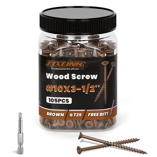 Wood Screws 3-1/2 Inch, FIXLINK Deck Screws #10 x 3-1/2", 105 PCS, Epoxy Coated, T25 Star Bit Above 1500 Hour Salt Spray Coating Outdoor Decking Screws Excellent Rust Resistant for Wood Fence, Brown