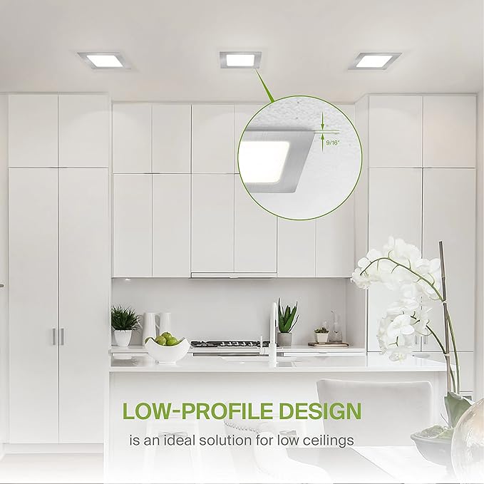 ASD 6 Pack LED Square Recessed Lighting 4 Inch, 5 CCT 2700K-5000K, 12W 50W Eqv, Ultra Thin Dimmable Ceiling Lights with J Box, Canless Wafer Downlight, Slim Panel Light, UL Energy Star, Brushed Nickel