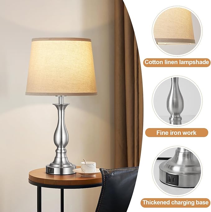 Bedside Table Lamp Touch Control Bedroom Lamps with USB-C USB-A Charging Port 3 Way Dimmable Touch Lamps for Nightstand Living Room Bedroom Dorm Home Office Reading, Set of 2