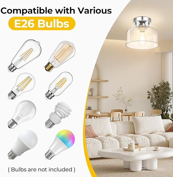 Semi Flush Mount Ceiling Light Silver, Clear Glass Pendant Lamp Shade, Modern Farmhouse Light Fixture for Hallway Corridor Kitchen Entryway Bedroom, Bulb Not Included