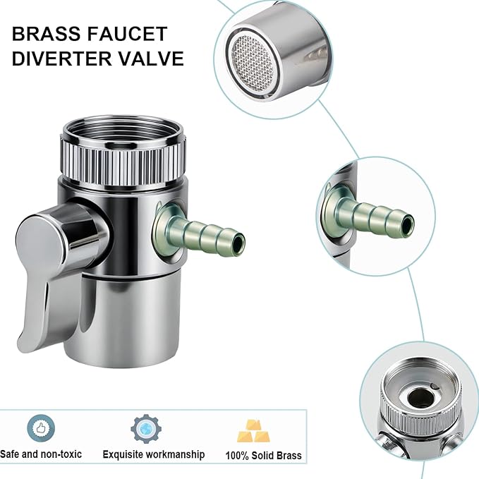 2 Pack Countertop Water Filter Diverter Valve with Barb Connector, Faucet Diverter Adapter for 6mm, 8mm, 9.5mm Tubing or Hose, Compatible with Standard Kitchen Faucets
