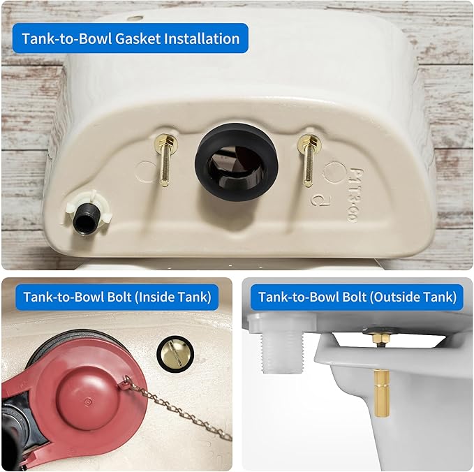 Universal Toilet Tank to Bowl Bolt & Gasket Replacement Kit – Toilet Tank Repair Kit Includes 2" and 3" Rubber Seal Gaskets, Extra-Long Brass Plated Bolts, Washers, Nuts, Fits Most 2-Piece Toilets