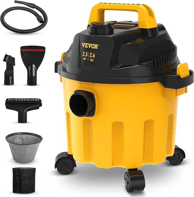 VEVOR Shop Vac Wet and Dry Vacuum Cleaner 2.6 Gallon 2.5 Peak HP - Powerful Suction with Blower Function & Attachments 3-in-1 Crevice Nozzle - Perfect for Car Carpet Debris Pet Hair Black/Yellow