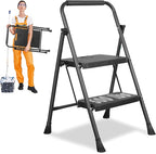 2 Step Ladder, Protable Steel Folding Stool with Wide Anti-Slip Pedal, 500lbs Sturdy Steel Ladder, Black