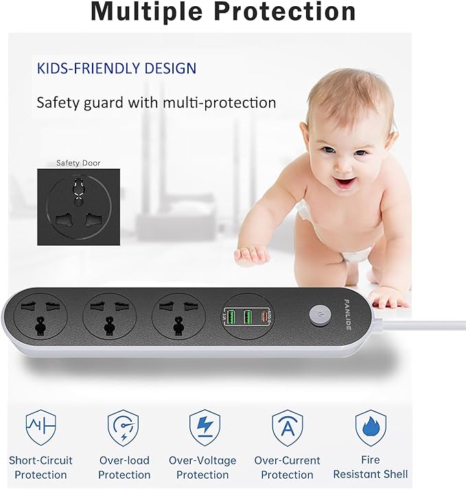 Power Strip with USB Ports, 6ft Power Cord, 2500W Circuit Breaker, 3 Outlets 3 Quick USB (5V 3.1A) Charging Station, Child Safe Door, for Cruise Ship,Dorm Room Multi Plug Extender