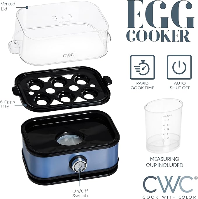 COOK WITH COLOR 6-Egg Capacity Egg Cooker – For Soft, Medium, Or Hard-Boiled Eggs, Rapid Cook Time, Auto Shut-Off & Boil-Dry Protection – Includes Tray, Measuring Cup & Lid – 210W Egg Maker, Navy