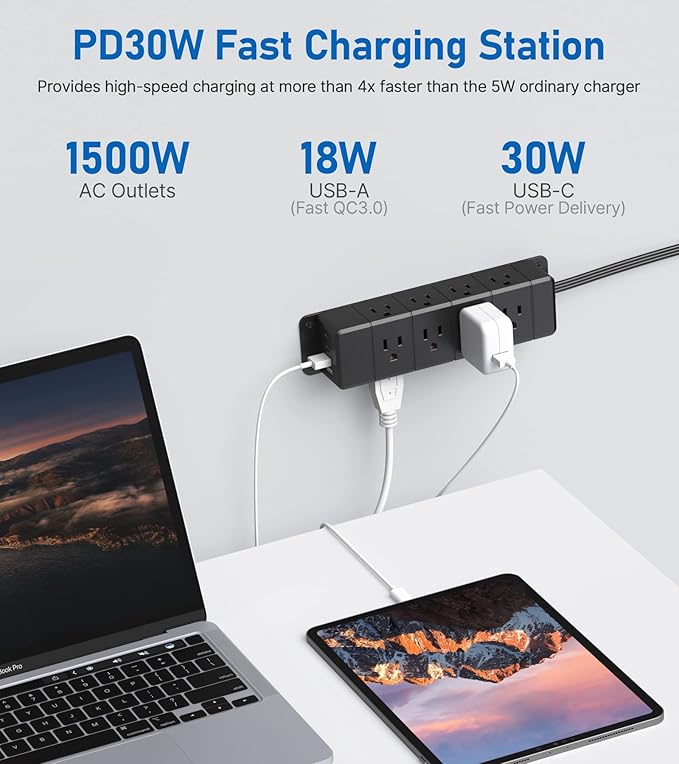 30W USB C Power Strip Surge Protector,Ultra Thin Flat Plug Power Strip 4 Side 12 Outlets,1 PD Fast Charing,2 USB-C, 2 USB-A(4 USB Total 40W),6ft Slim Extension Cord,16 in 1 Desk Power Bar,1200J Black