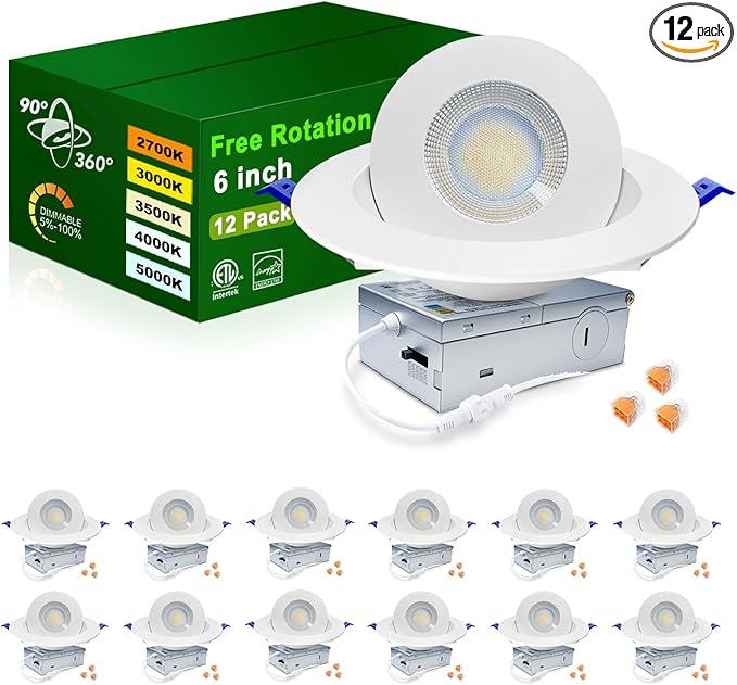 zouzai 6 inch 5CCT Gimbal Led Recessed Lights, 360°+90° Adjustable Directional Recessed Lighting, 2700K/3000K/3500K/4000K/5000K Dimmable Retrofit Eyeball Can Lights with Jbox, ETL(White, 12 Pack)
