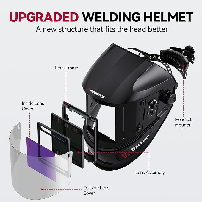 ARCCAPTAIN 3.94"X3.66" Welding Helmet Auto Darkening, 1/1/1/1 Top Optical Clarity Large Viewing Screen Solar Power Welding Hood with 4 Arc Sensor, Wide Shade 4-5/5-9/9-13 for TIG MIG ARC Welding CUT