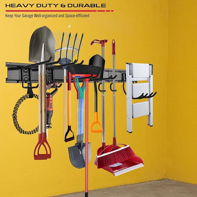 48" Heavy Duty Garage Wall Organizer, Wall Mount Tool Storage Rack with Adjustable Hooks, Garden Tool Organizer Hold Up to 300lbs, Easy Installation (3 Panels, 8 Hooks, 3 Straps)