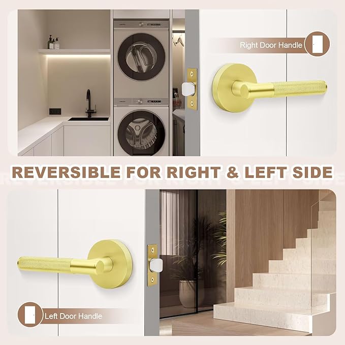 Gold Door Handles Interior No Lock 4 Pack, Round Passage Door Lever for Closet and Hall, Modern Knurled Reversible Door Knobs