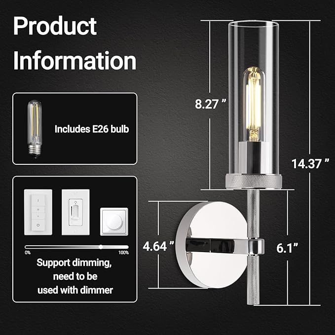 Wall Sconces Lights Indoors, 14" Knurled Linear Sconce, Nickel Bathroom Wall Sconces, Glass Tube Vanity Sconces Wall Lighting, Wall Lights for Mirror, Living Room, Bedroom, Hallway (Bulb Included)