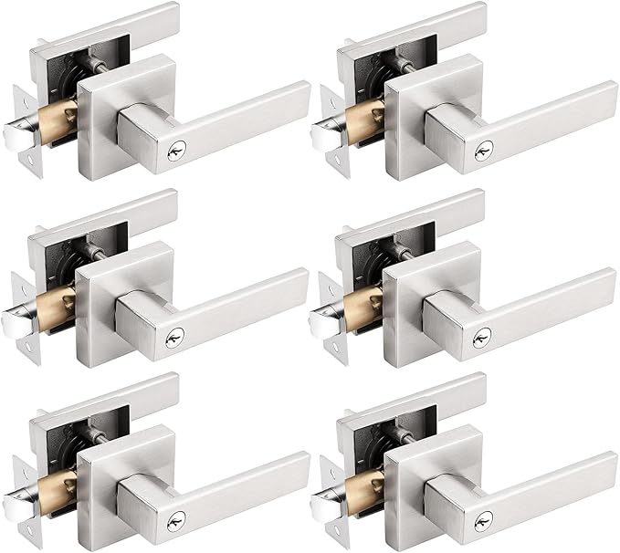 Gobrico 6 Pack Square Entry Exterior Door Levers Locksets with Keys,Heavy Duty Door Hardware,Satin Nickel Finished