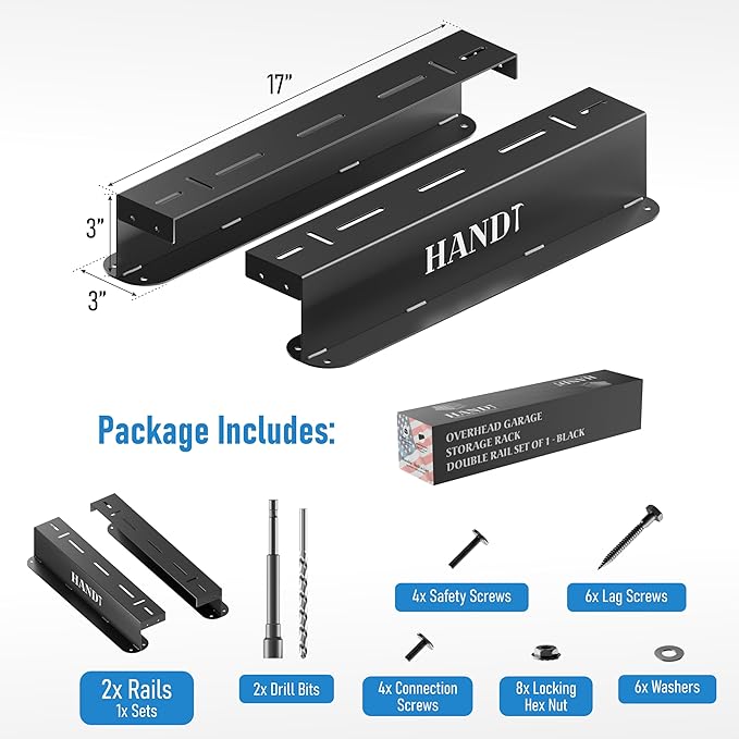 USA Based Overhead Garage Storage Rack, Connectable Heavy Duty Metal Ceiling Rails Garage Storage Organization Shelving System, Hanging Racks Tote Containers, Supports Up To 1 Bin, 1 Set Black