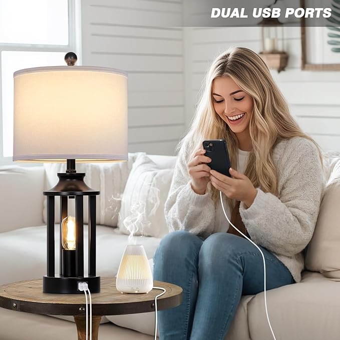 Black Living Room Lamps Set of 2, 3 Way Dimmable Touch Control Farmhouse Table Lamps with 2 USB Ports, Retro Bedside Lamp with 2 LED Nightlight,Rustic Bedroom Lamp for Nightstand(4 LED Bulbs Included)
