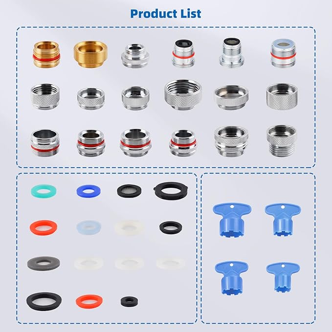 iFealClear 18 Pcs Brass Faucet Adapter Kit, Kitchen Sink Aerator Adapters with 4 Pcs Removal Wrench Tools, Male Female Connectors for Faucet with Removable Aerators to Water Filter, Garden Hose, Rv