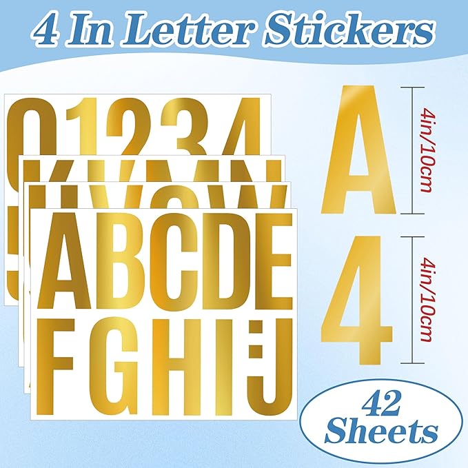 441 PCS 42 Sheets Letter Stickers Large Mailbox Numbers and Letters Self Adhesive Vinyl Waterproof Alphabet Number Stickers for Mailbox House Address,Crafts,Car, Poster,Classroom Decor (4 Inch,Gold)
