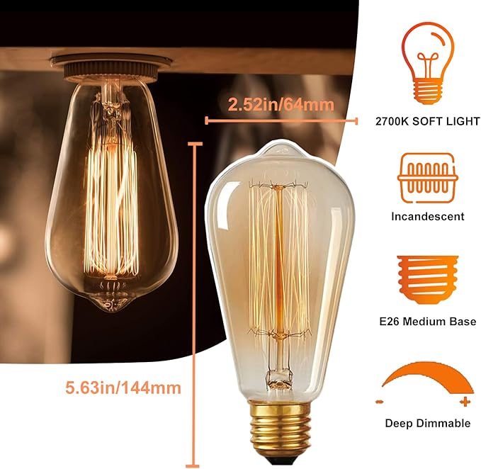 HESSION 6-Pack Vintage Edison Bulbs, ST64 40W E26 Base Amber Glass Warm White Filament Antique Decorative Dimmable Light Bulbs Used for Classical Pendant or Chandelier Lights