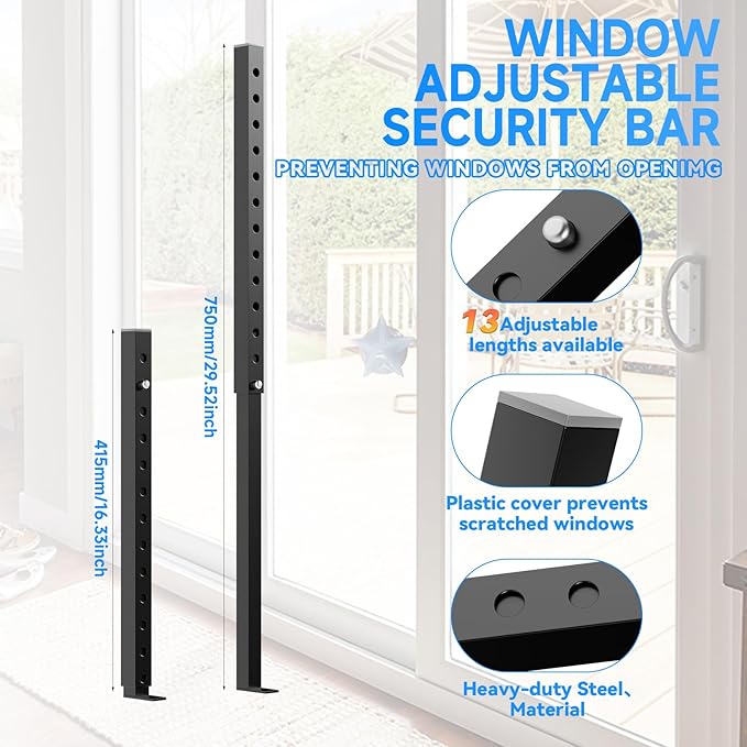 Adjustable Window Security Bars, Window Bars Security Inside Vertical, Window Bar Lock Prevent Burglary, Window Safety Bars for Children, Window Stick Extend from 16.3-29.3 in(Black -4 pcs)