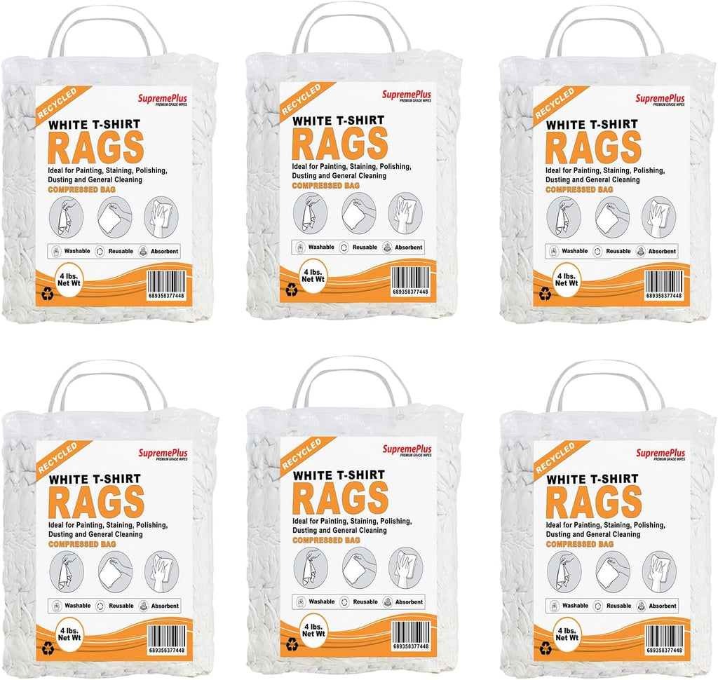 Recycled White T-Shirt Cleaning Cloths (4 lbs. Bag - Pack of 6) – Shop Rags Bulk for Oil, Stain, Grease, Paint, and Auto Cleaning, Multipurpose