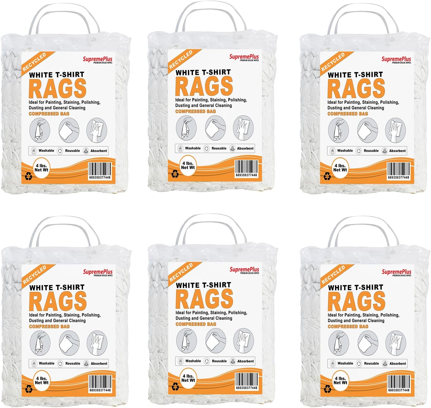 Recycled White T-Shirt Cleaning Cloths (4 lbs. Bag - Pack of 6) – Shop Rags Bulk for Oil, Stain, Grease, Paint, and Auto Cleaning, Multipurpose