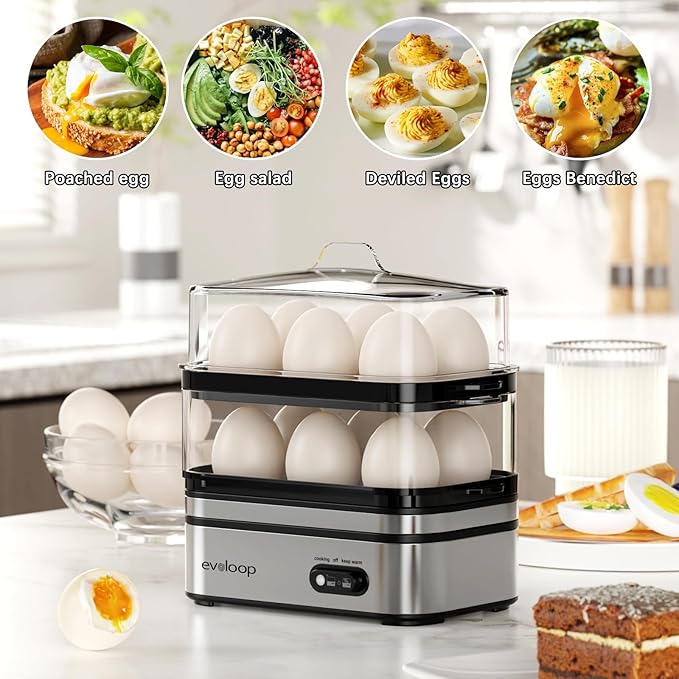 Evoloop Rapid Egg Cooker Electric 12 Eggs Capacity, Soft, Medium, Hard Boiled, Poached, Omelet Maker Egg Poacher & Vegetable Steamer, BPA Free Tray