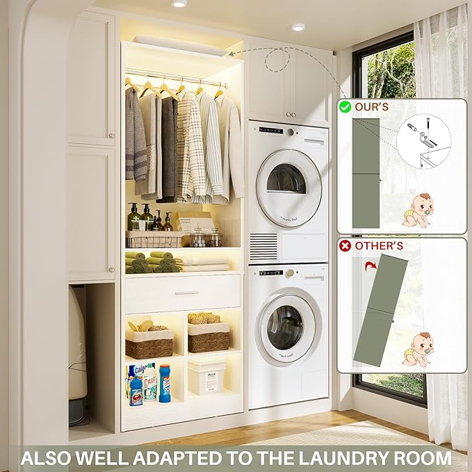 Unikito Freestanding Closet System with Wood Drawer and 4 Cubby Storage, Closet Organizer with Hanging Rods & Shelves, 25‘’W X 80'' H Clothes Garment Rack, Walk in Closet Tower Wardrobe, White