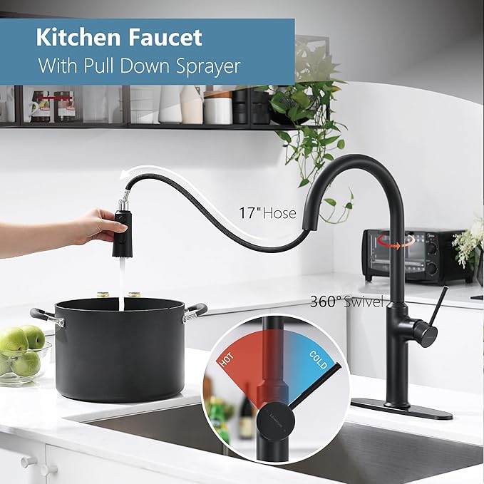 Matte Black Kitchen Faucets High Arc Single Handle Tall Kitchen Faucet with Pull Down Sprayer, Solid Brass 19 inch