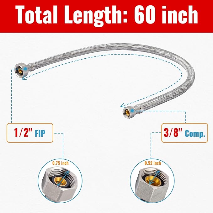 (2 Pack) SUNGATOR 60 Inch Faucet Supply Lines, 3/8" Female Comp Thread x 1/2" FIP Thread Sink Hose, 60" Stainless Steel Braided Faucet Supply Line for Bathroom, with 2 Wrenches and 1 Sealing Tape