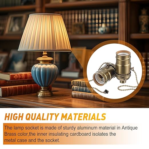 6 Pcs Pull Chain Lamp Socket Replacement, E26 Standard Threaded Base, Light Socket with Pull Chain, Lamp Parts for Repair (Antique Brass)