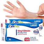 CARE PLUS Vinyl Gloves Clear Large Size 200 Count | Heavy Duty, Non-Sterile, Powder-Free, Latex-Free Rubber | Food Prep, Kitchen & Cleaning Gloves, Ideal for Professional Use