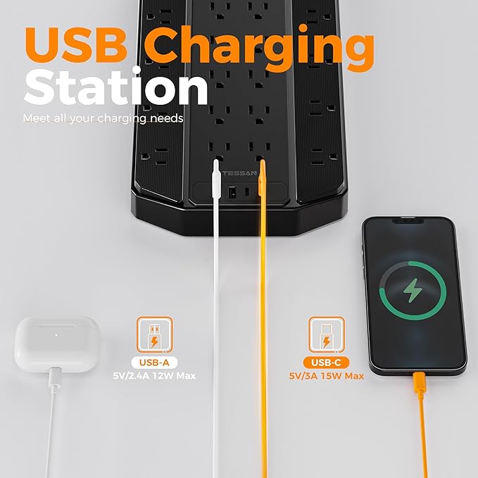TESSAN 22 Outlets Large Power Strip with 4 USB Ports (2 USB C), 15FT Heavy Duty Extension Cord with Multiple Outlets, 4000 Joules Surge Protection, Wall Mountable for Gaming, Office, Home, Black