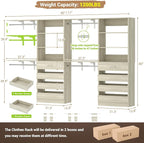 Aheaplus Closet System with 8 Wooden Drawers, Wood Closet Organizer System with Tower, Walk-in Closet Organizer Wardrobe Clothes Rack with 4 Hanging Rods, Garment Rack, Cut to Fit 7-12Ft, White Oak