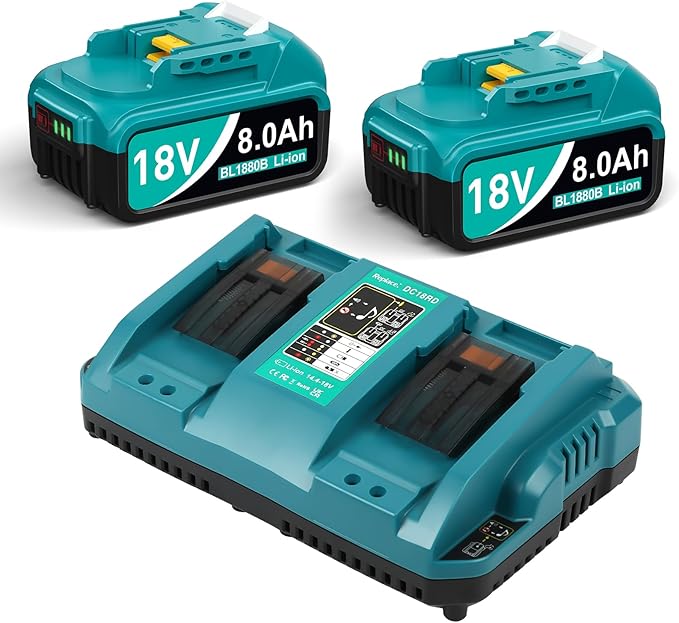 8000mAh 18V Battery Replacement for Makita 18V Battery and Charger DC18RC, Compatible with Makita LXT 18 Volt Batteries Lithium Ion BL1850 BL1840 BL1830 BL1820 BL1815 Cordless Power Tools (Blue) ﻿ ﻿