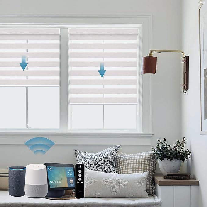 SmartWings Motorized Zebra Shades Work with HomeKit, Alexa, Google Home, 60% Blackout Light Filtering Day Night Sheer Blinds, Privacy Light Control, for Home/Office, Customized, Ivory