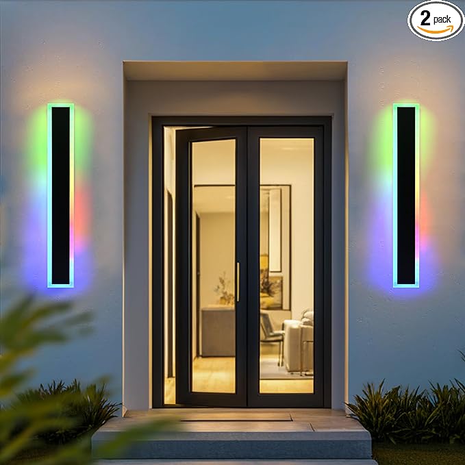 MELUCEE 2 Pack 40in Long Outdoor LED Wall Lights IP65 Waterproof Modern RGB Exterior Wall Light Fixture Black for Courtyard Garage Patio Porch, Remote Control Included