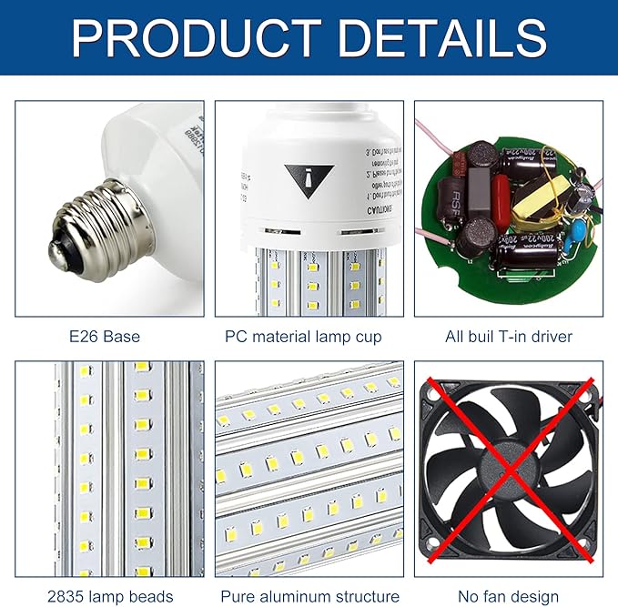 Mafuken 500W Equivalent LED Corn Light Bulb 7500 Lumen Led Bulbs 60W Super Bright 5000K Cool Daylight White E26/E27 Medium Base for Outdoor Indoor Workshop Garage Warehouse Factory Backyard… (A)