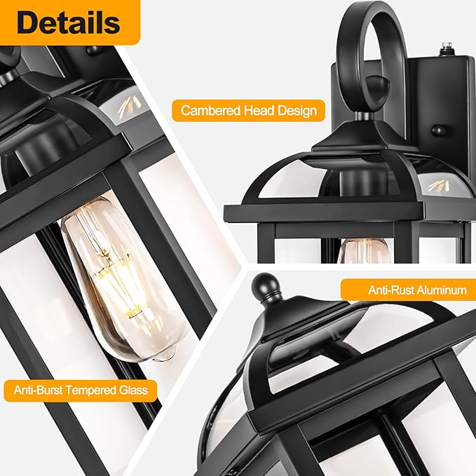 18” Dusk to Dawn Outdoor Lights for House 2-Pack, Anti-Rust Aluminum Exterior Light Fixtures with Fully Enclosed Bottom Outside Wall Lanterns IP65 Waterproof Porch Lights, Modern Black