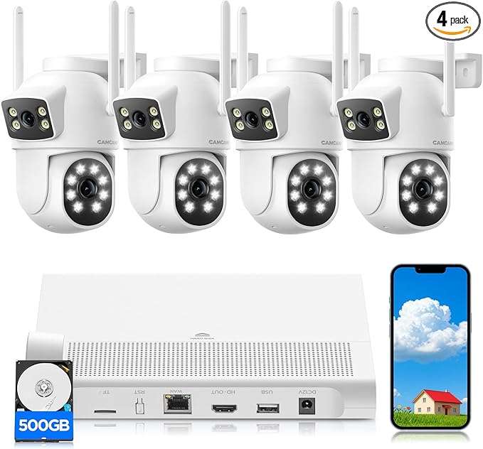 4MP Dual Lens Home Security Camera System Wireless, Security Cameras Wireless Outdoor 24/7 Record, Auto Tracking, 5G & 2.4G WiFi, Night Vision, 2-Way Audio, 360° PTZ, 10CH 4K NVR 500GB No Subscription