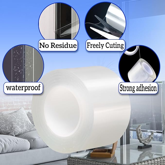 Window Weather Sealing Tape 2 Inch x 16.5 FT Weather Stripping Residue-Free Clear Window Insulation Caulk Tape for Doors Windows and Shower Glass Gaps Bathroom