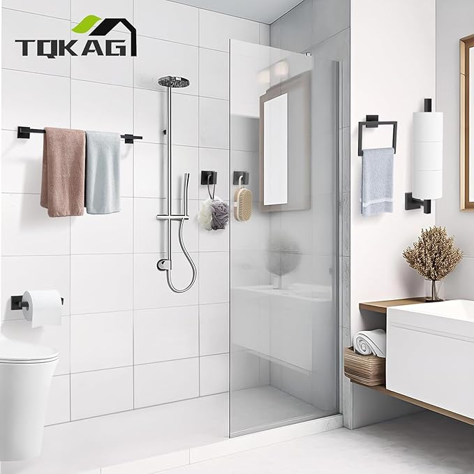 TQKAG 7-Pieces Matte Black Bathroom Hardware Accessories Set 23.6" SUS304 Stainless Steel Towel Bar Set Toilet Paper Spare Rolls Storage Holder Wall Mounted