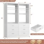 Closet System Set of 2, 4FT Closet Systems with 6 Wood Drawers, 48" Closet Organizer System with 2 Hanging Rods & 2 Shelves, Heavy Duty 48 Inch Walk-in Closet , White (48"L x 15" W x 80" H)