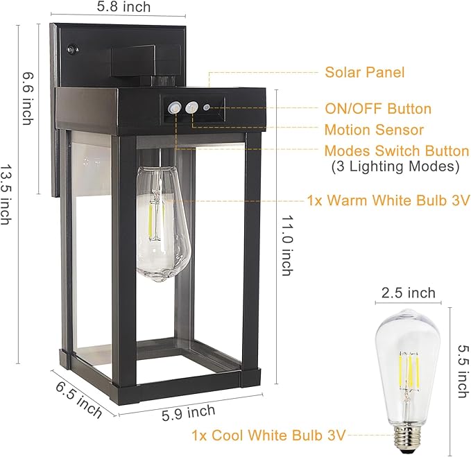 Solar Wall Lights Outdoor Waterproof with 3 Lighting Modes & Motion Sensor, Dusk to Dawn Exterior Porch Light fixtures, Solar Wall Lantern Fixture for Garage Patio Yard Garden